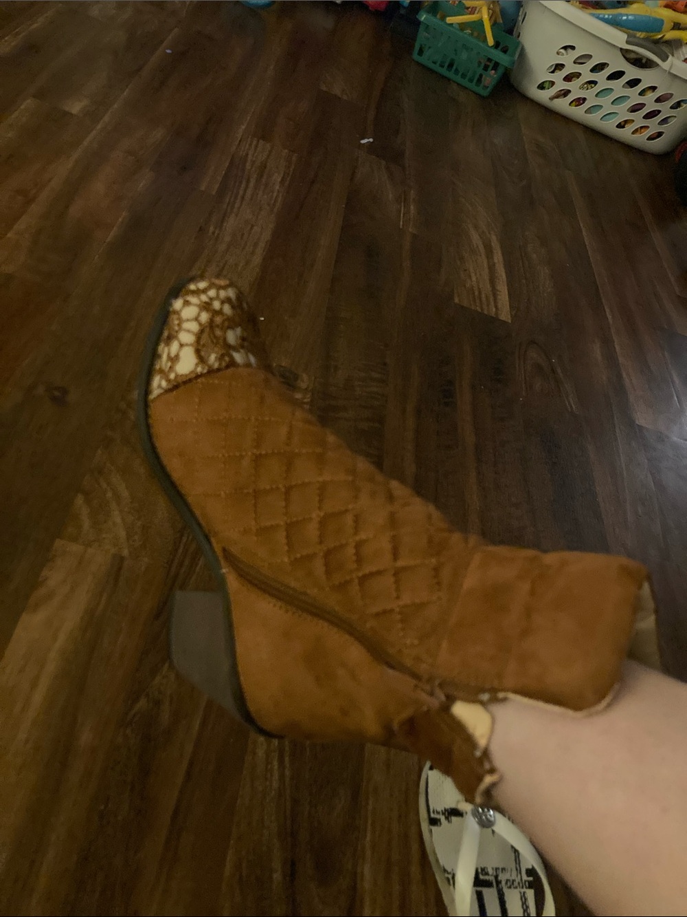 Quilted Tan Ankle Boot with Patterned Toe